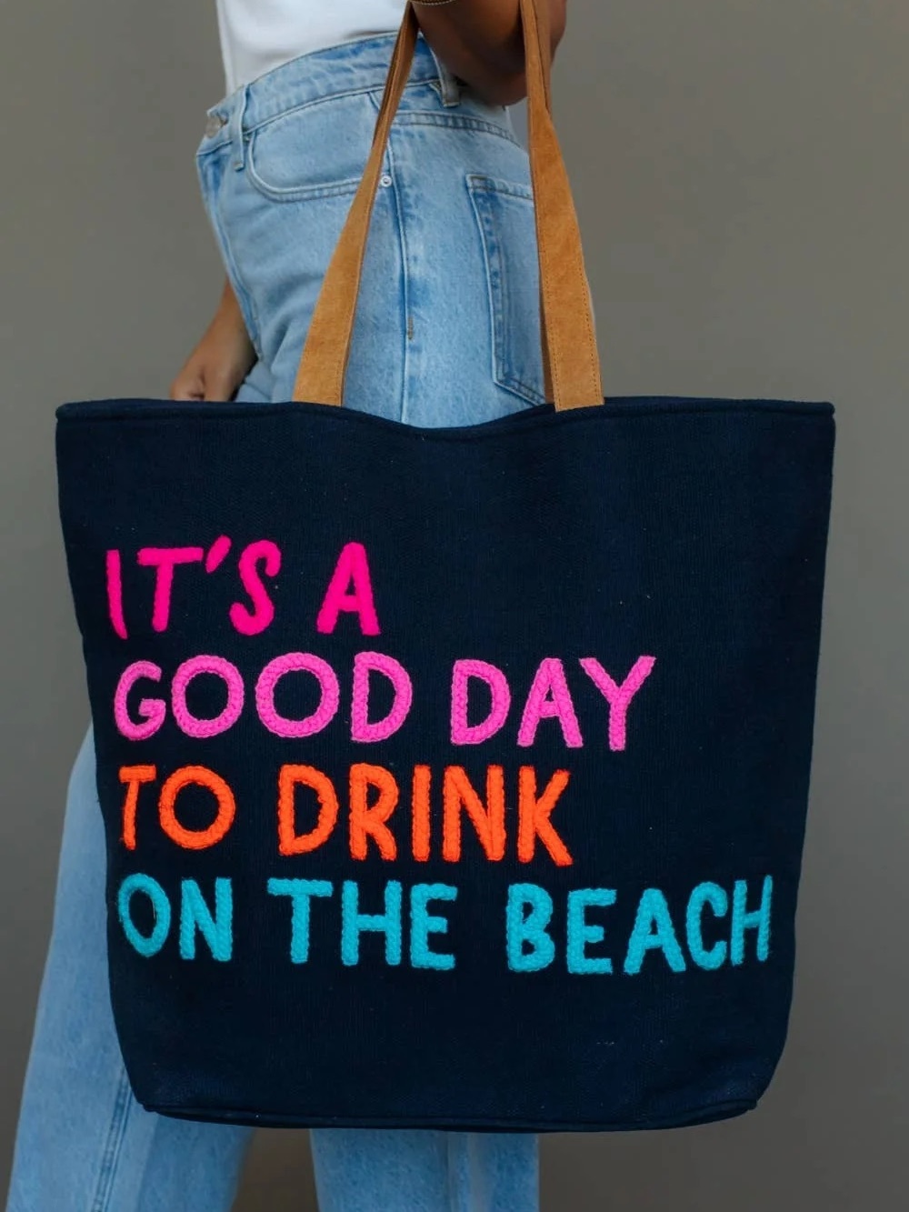 Black Canvas Tote with Colorful Beach Slogan